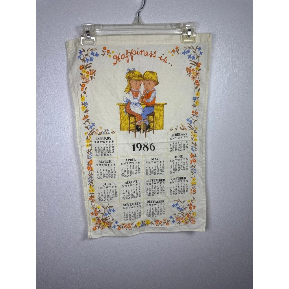 Vtg 1986 Happiness Is Calendar Tea Towel Linen Kitchen cottagecore Wall Decor